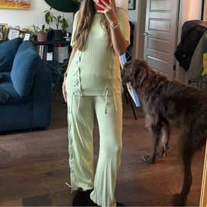 Ribbed Wide-Leg Jumpsuit in Light Green with Lace-Up Detail